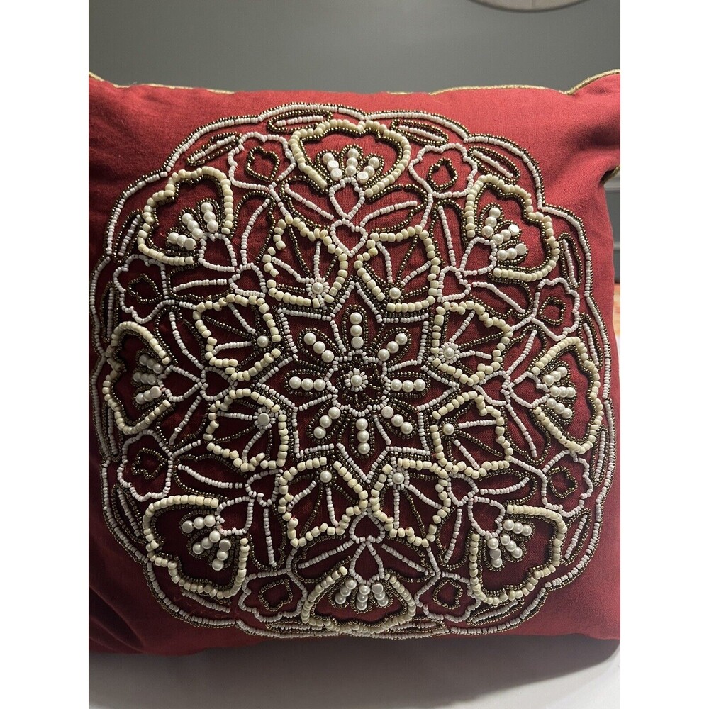 Pair of Pier 1 Burgundy Beaded Cotton/Linen Blend 16”x16” Toss Throw Pillows